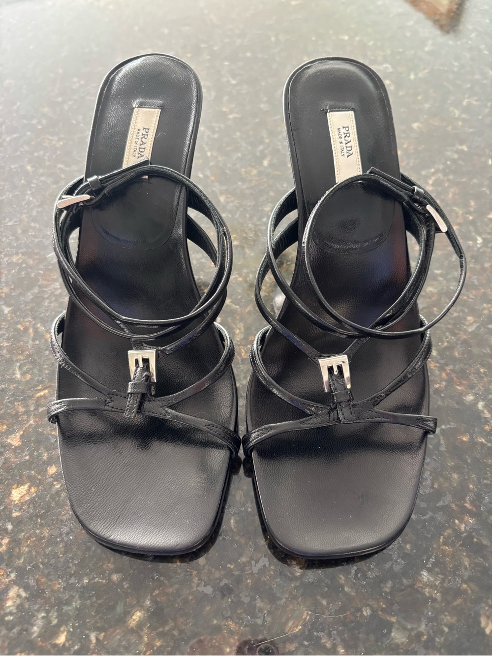 Vintage PRADA Archival Black Leather Strappy Buckle Kitten Heels Sandals Y2K EU